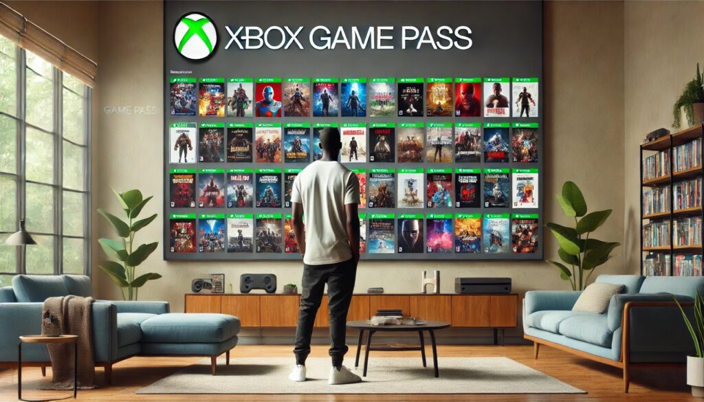 Man standing in front of wall with Xbox Game Pass posters on it of various games.