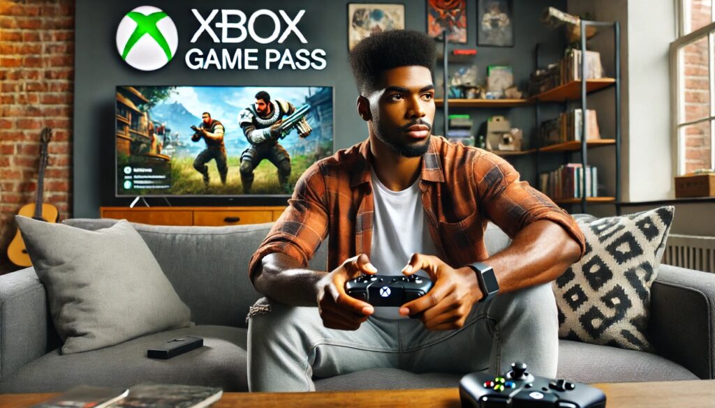 Black man sitting on a couch with a game controller in his hand.