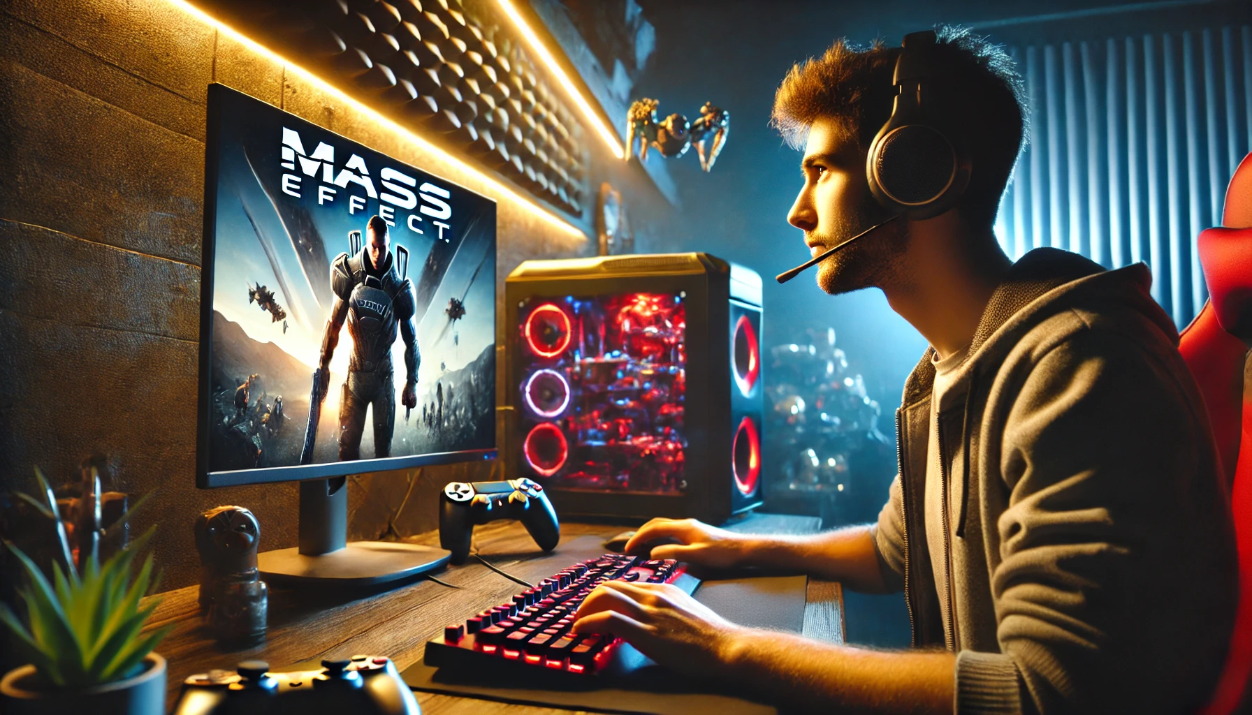 Gamer watching screen with Mass Effect logo on the screen.